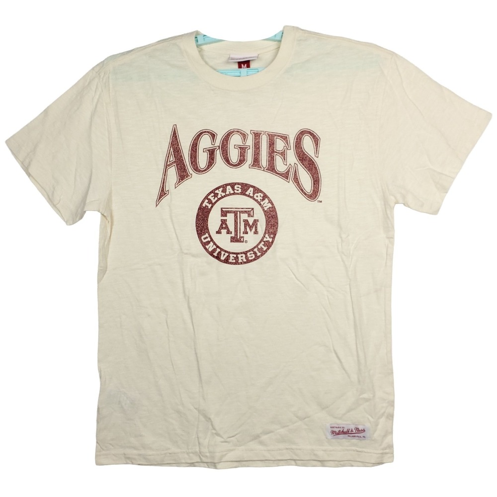 Texas A&M Aggies Mitchell & Ness NCAA Medium Shirt Distressed Logo Art Cream New